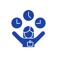 blue icon representing “Flexible Learning Options” girl icon raising her hand representing "Flexible Learning Options"